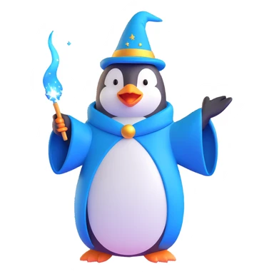 penguin wizard casting a spell, sparkles, blue robe, whimsical sticker