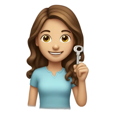 smiling girl with brown hair holding a house key sticker
