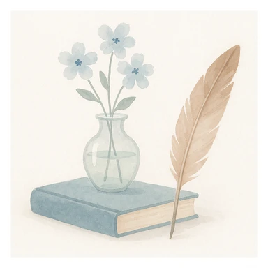 still life of a vintage blue book, pale blue flowers in a transparent vase, and a feather quill pen, arranged artistically together sticker