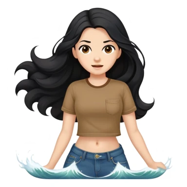 Fair skin girl - long black hair, big waves - wearing a brown navel-baring short-sleeved shirt - jeans sticker