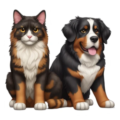 A Bernese dog next to A tortoiseshell cat without white sticker