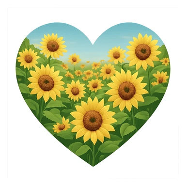 heart with a golden sunflower meadow, clean digital illustration sticker