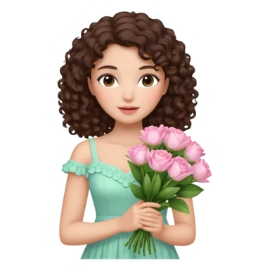beautiful female memoji, dark brown curly hair, soft natural makeup, wearing pastel dress, holding a bouquet of fresh flowers, romantic and dreamy aura sticker
