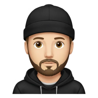 Hombre de ojos claros, con barba fina y perilla, gorra negra bordada, y sudadera negra sticker