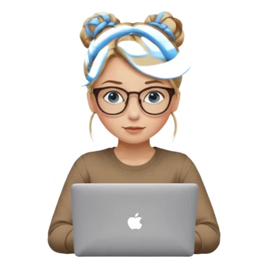 girl, dirty blonde hair, a bun, blue eyes, glasses, brown longsleeve, a laptop. upper body. sticker