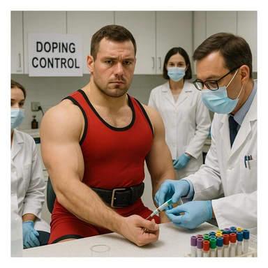 European powerlifter in competition clothing undergoing anti-doping controls, medical staff present, realistic atmosphere, laboratory details, background of test room or laboratory. sticker