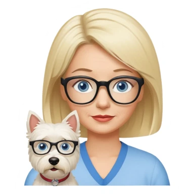 white woman blue eyes glasses middle aged blonde bob funny with westie sticker