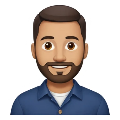 Robust warm-looking man in his early 40s with light brown skin, round face, full cheeks, medium brown eyes, thick eyebrows, wide nose, friendly smile, short neat full beard, very short dark hair, wearing a navy blue button-up shirt sticker