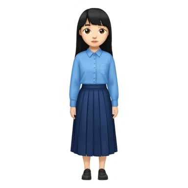 hair : black long hair with fringe 
skin : light 
cloth : oversize light blue shirt + navy long long skirt 
 sticker