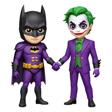 the batman in black armor and the joker in purple suit holding hands sticker