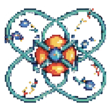 retro pixel art atom with valence electrons orbiting sticker