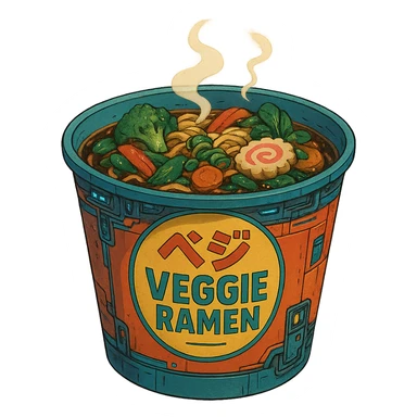 cyberpunk futuristic, scifi, a bowl of delicious veggie , ramen, 1990s, paper cup, classic style branding sticker