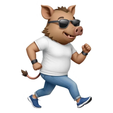 friendly anthropomorphised boar in jeans and a t-shirt, wearing dark sunglasses, jogging upright, standard pose sticker