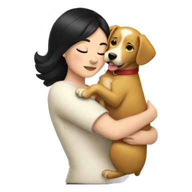 White woman with a black hair hugging a golden dog sticker