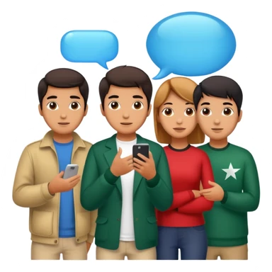 A group of young Pakistani people sitting around and sharing knowledge, with talking bubble of Hong kong sticker