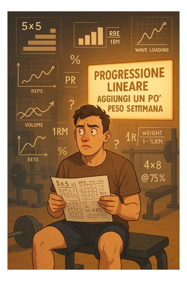 Neofita in palestra, visibilmente confuso, seduto su una panca con in mano un foglio pieno di schemi complicati, numeri, percentuali e sigle (tipo 5x5, RPE, 1RM, wave loading, ecc). Ha un’espressione perplessa, guarda in tutte le direzioni. Intorno a lui appaiono in aria grafici intricati, metodi diversi, formule complicate. Ma sullo sfondo, in modo semplice e luminoso, c'è un cartello che dice: 'Progressione lineare – Aggiungi un po’ di peso ogni settimana'. La luce calda illumina proprio quel messaggio semplice. Contrasto visivo forte tra la confusione e la chiarezza. Stile realistico o illustrato, atmosfera educativa e motivazionale. sticker