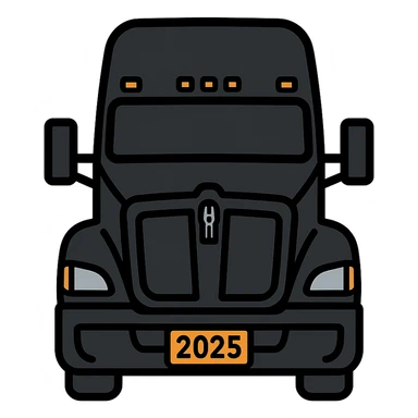 2025 Kenworth T680, black, front view, close-up, detailed vector illustration style sticker