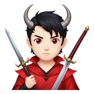 Anime devil boy with black hair, horns, and a sword sticker