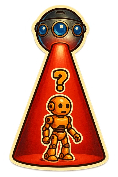 new character...robot being hit with a red beam by a flying robot sticker