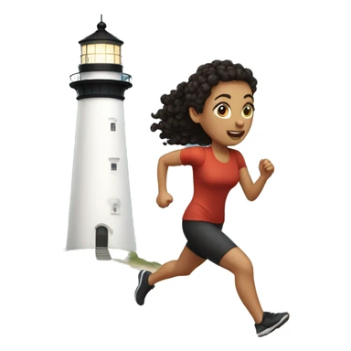 White woman with dark curly hair in a ponytail running toward a lighthouse sticker