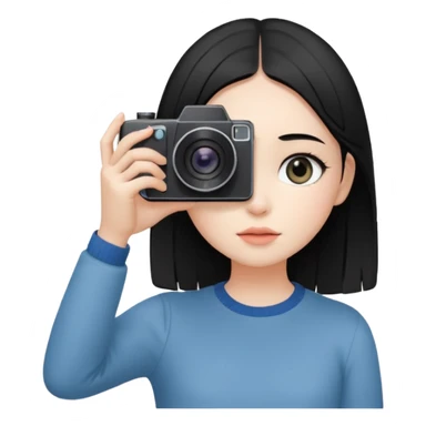 A young fair-skinned girl with straight black hair holding a camera up to her eye, looking through the viewfinder, standing in natural light, soft focus background, candid photography style, wearing a minimalist outfit, artistic and modern atmosphere.   sticker