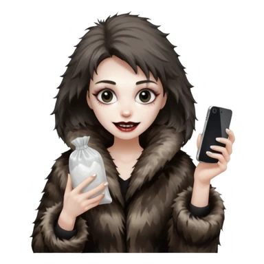 she is wearing a fur coat and has a transparent tiny, small  plastic bag full of white powder, and her phone in the other hand, she has lost so much weight, she looks evil , she has an evil grin sticker
