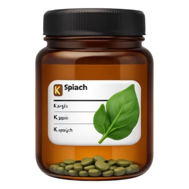 brown glass jar of supplements with white label, black thin title K2 and small spinach emoji sticker