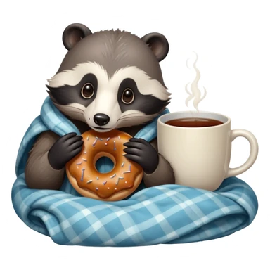 badger cozy in bed with blanket eating a donut and tea sticker
