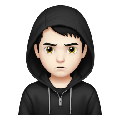 Vampire boy with the short black hair, pale scin, black eyes, little fangs and dark circles under his eyes. He has serious face and he wear a black hoodie sticker