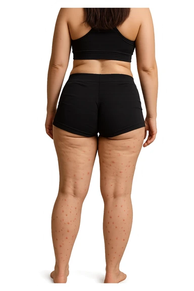 donna di schiena in gym shorts con cellulite e red spot sparsi sulle gambe sticker