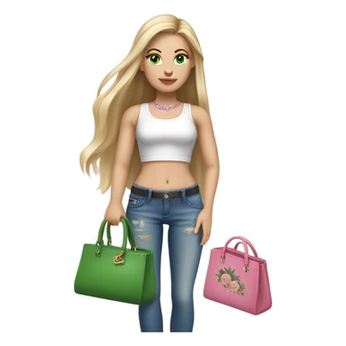 Realistic White girl with Long straight blonde hair, green eyes, tattoos, full body wearing white crop top and jeans, holding pink handbag sticker