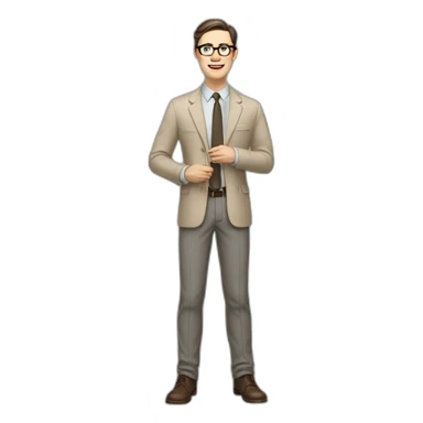 Full height Gesticulating Pale skinned fit man with dark brown hair in gray jacket, beige office shirt, brown tie, brown pants and vintage glasses. sticker