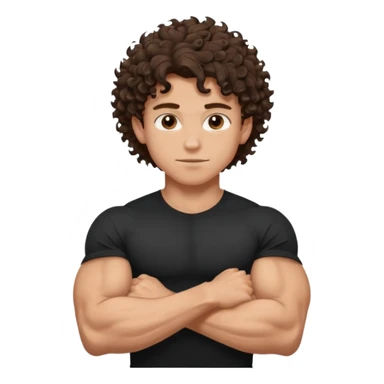 muscular teen boy with veiny hands arms and biceps. has messy brunette curly hair with tan skintone with black tshirt sticker