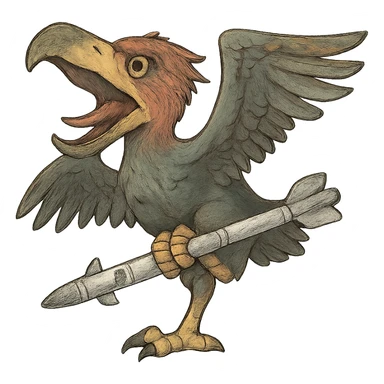an insignia for a flag: a strange foreign alien bird creature, resembling a prehistoric phorusrhacos, gripping a sidewinder missile in its' powerful claw, standing up on its' other claw, cawing fiercely, wings spread in defiance.
 sticker