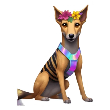  brindle brown black maroon striped lurcher Alsatian fox running blue eyes and iridescent holographic oilslick harness wearing paper iridescent tropical flower crown yellow caution tape sticker