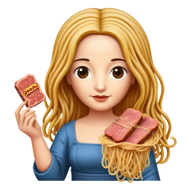 monalisa with flowing spaghetti hair holding spam meat sticker