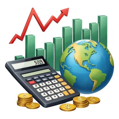 An icon featuring a calculator, a dollar sign, and a chart with upward trends, symbolizing economics. The design includes coins, bills, and a globe, representing global trade and financial systems. Transparent background highlights the study of markets, supply, and demand. sticker