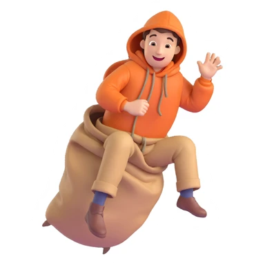 3D emoji style man in a sack, jumping, cheerful expression sticker