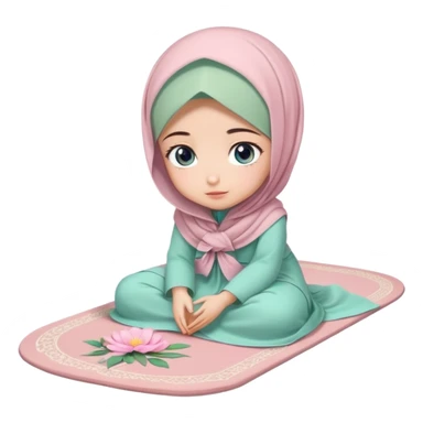 Turkish beautiful finish Konya girl blue eyes with powder pink and mint color flower hijab long tail dress and sits on the pray mat namaz on the ground with dua  sticker