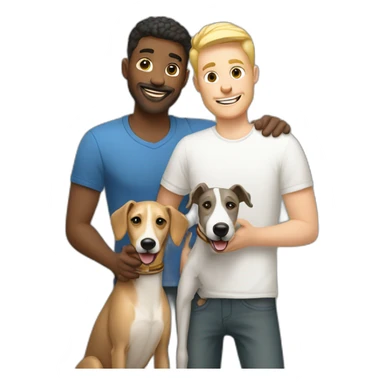 Happy gay couple blond man and white man with a dog greyhound sticker