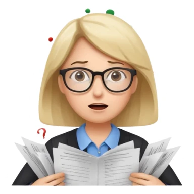 A kindergardenteacher with an overwhelmed expression, surrounded by flying papers and three question marks. sticker