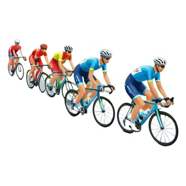A dynamic icon of a professional cycling race. Cyclists in colorful jerseys speed along a winding road, their bikes leaning into the turn. The background showcases rolling green hills, a bright blue sky, and cheering crowds along the roadside. The scene radiates energy and motion.  sticker