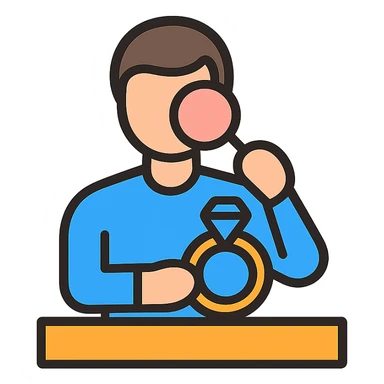 digital communication theme of a person appraising a gold jewel at a counter sticker