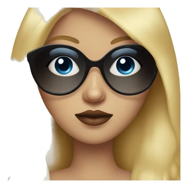 Girl with long blonde hair, blue eyes, black sunglasses that cover her eyes and cherry lipstick and a crown sticker