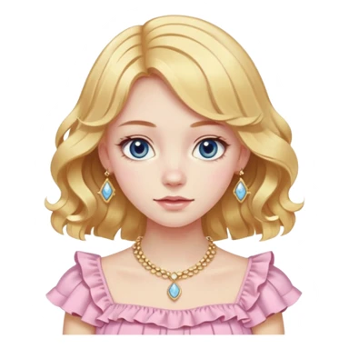 Slavic girl with peachy-pink pale skin, medium-short length straight-wavy light golden brown hair, dark blue eyes, wearing a fancy ruffle pastel yellow top and expensive light gold jewelry sticker