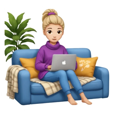 Cozy girl with ponytail on a cozy sofa with laptop on knees and a warm blanket, relaxed online shopping from home sticker