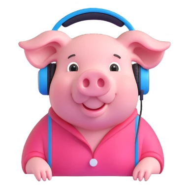 pig hacker emoji, pig with headphones, looking at a screen, cheerful expression sticker