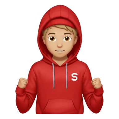 make me an emoji of an americain 19 yearold boy in a red hoodie that says "south" on it and give him with tan skin with his hands in his hands in his pocket wth a small smile flexing his muscles with his hood on sticker