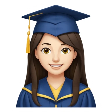 带着学士帽的，深棕色长发，黄种偏白皮肤的，高鼻梁，不戴眼镜的女博士生，在单只眼眨眼并开朗的笑，年龄26岁，学士服是深蓝色和黑领子， sticker