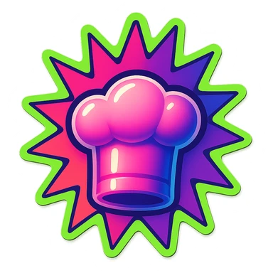 chef's hat, colors explosion, playful and modern with gradient FF4D67, 9D34FF gradient, border green neon, vibrant, matching image reference  sticker